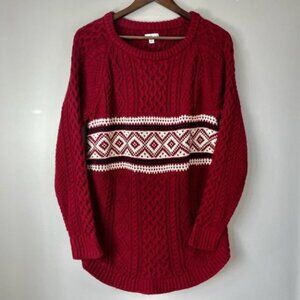 L.L. Bean Signature Women's M Red Fair Isle Crew Neck Sweater Cable Knit Cotton